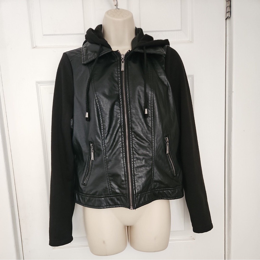 J2 Jou Jou Moto Jacket Faux Leather Full‎ Zip Detachable Hood Y2K Women's M